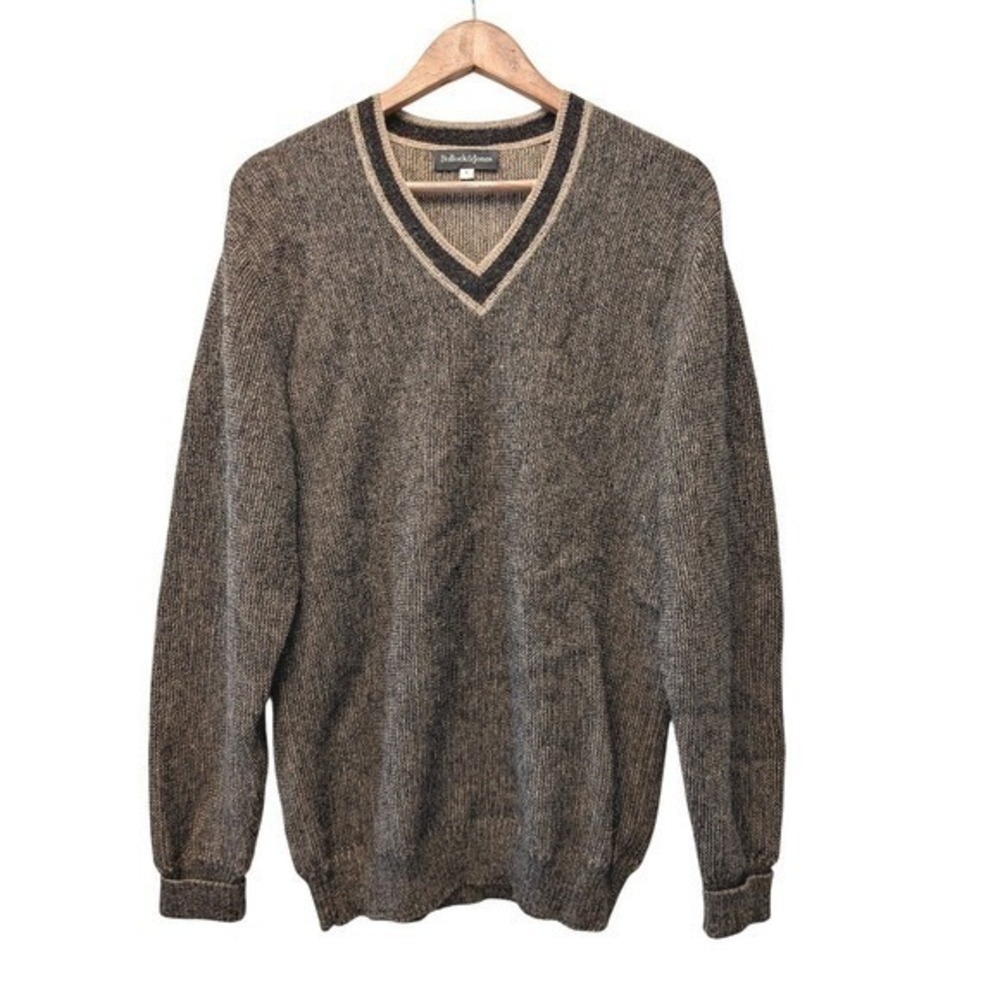 Bullock & Jones Mens Brown Tan Marl Textured V-Neck Sweater‎ Size M Striped Trim